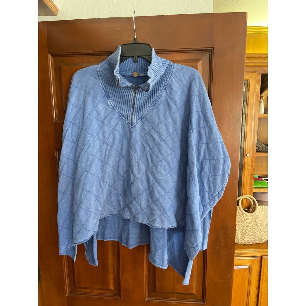Free People ONE Shiloh Quilted Sweatshirt Pullover Zip Swing Hi Lo Small Blue - Picture 2 of 6